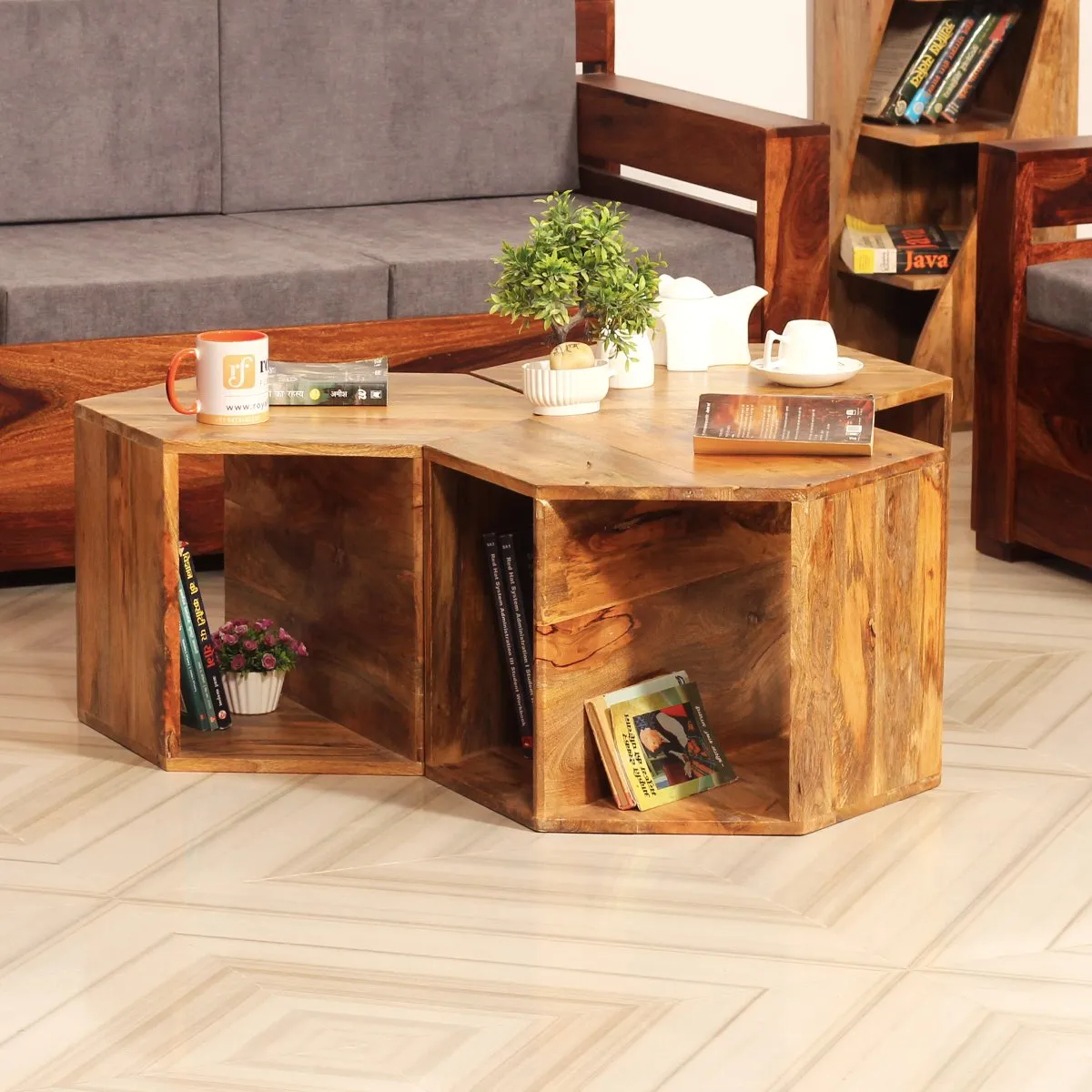 Royal Finish Hexagon Stool(Set of 3) in Mango Wood With Natural Colour sheesham wood furniture image 4