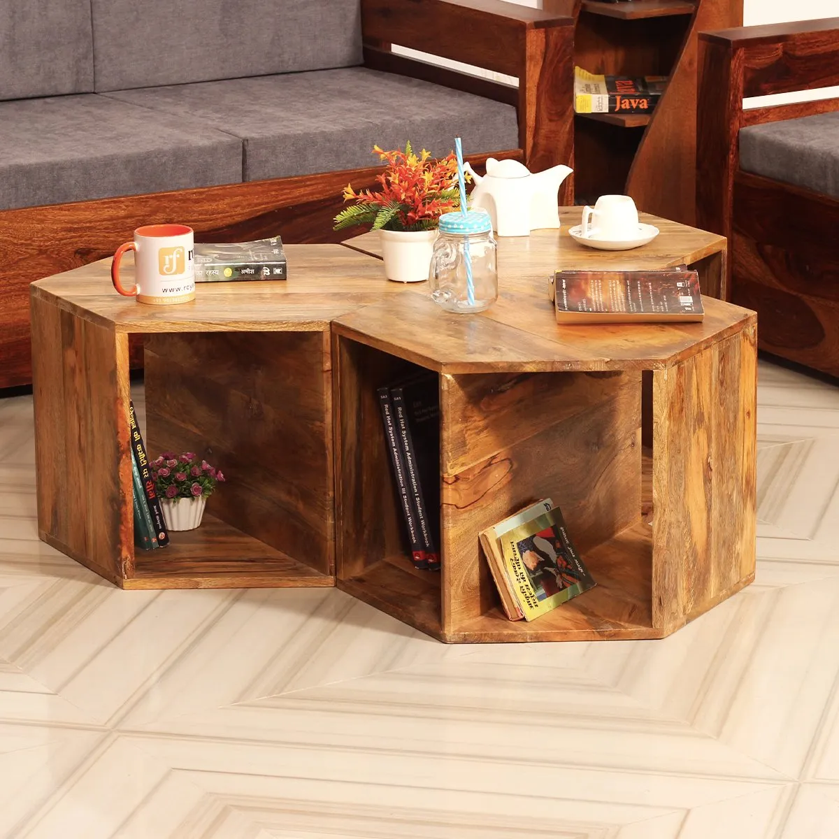 Royal Finish Hexagon Stool(Set of 3) in Mango Wood With Natural Colour sheesham wood furniture image 5