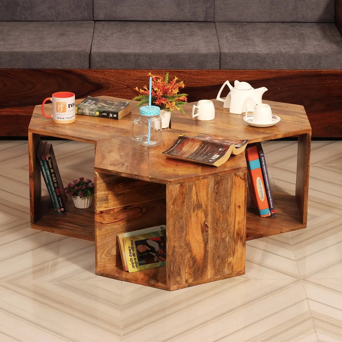 Royal Finish Hexagon Stool(Set of 3) in Mango Wood With Natural Colour sheesham wood furniture image 7