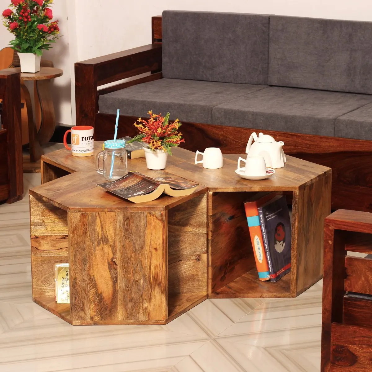 Royal Finish Hexagon Stool(Set of 3) in Mango Wood With Natural Colour sheesham wood furniture image 8