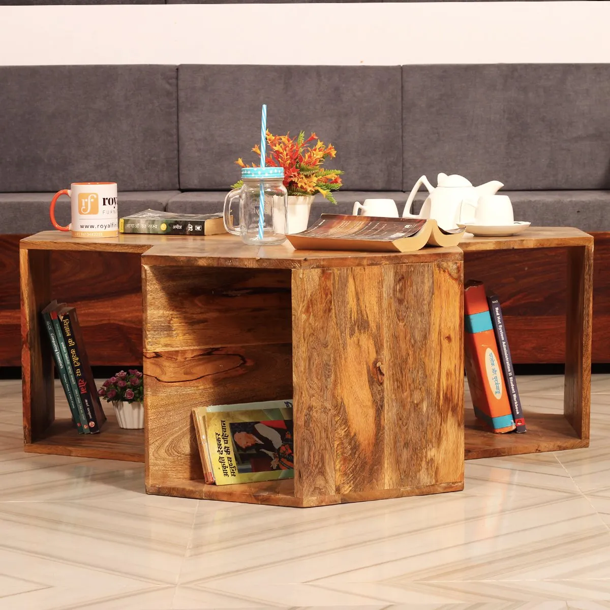 Royal Finish Hexagon Stool(Set of 3) in Mango Wood With Natural Colour sheesham wood furniture image 9