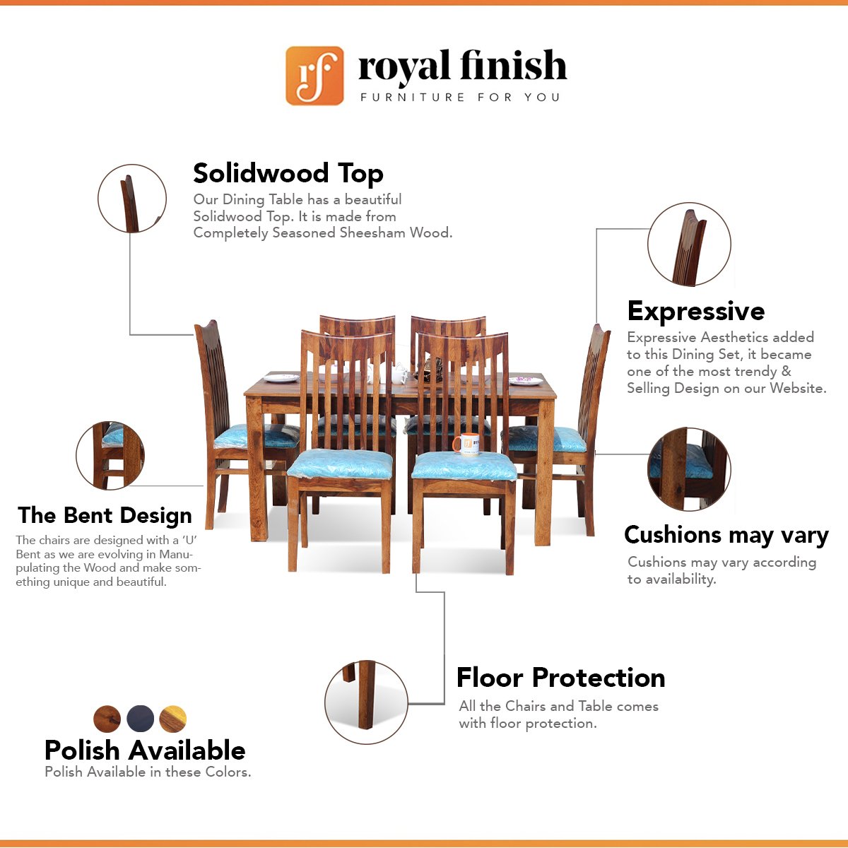 Royal Finish Serene 6 Seater Dining Set in Natural Premium Furniture