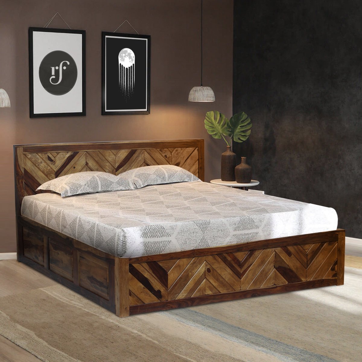 Royal Finish Vesto King Storage Bed In Solid Sheesham Wood