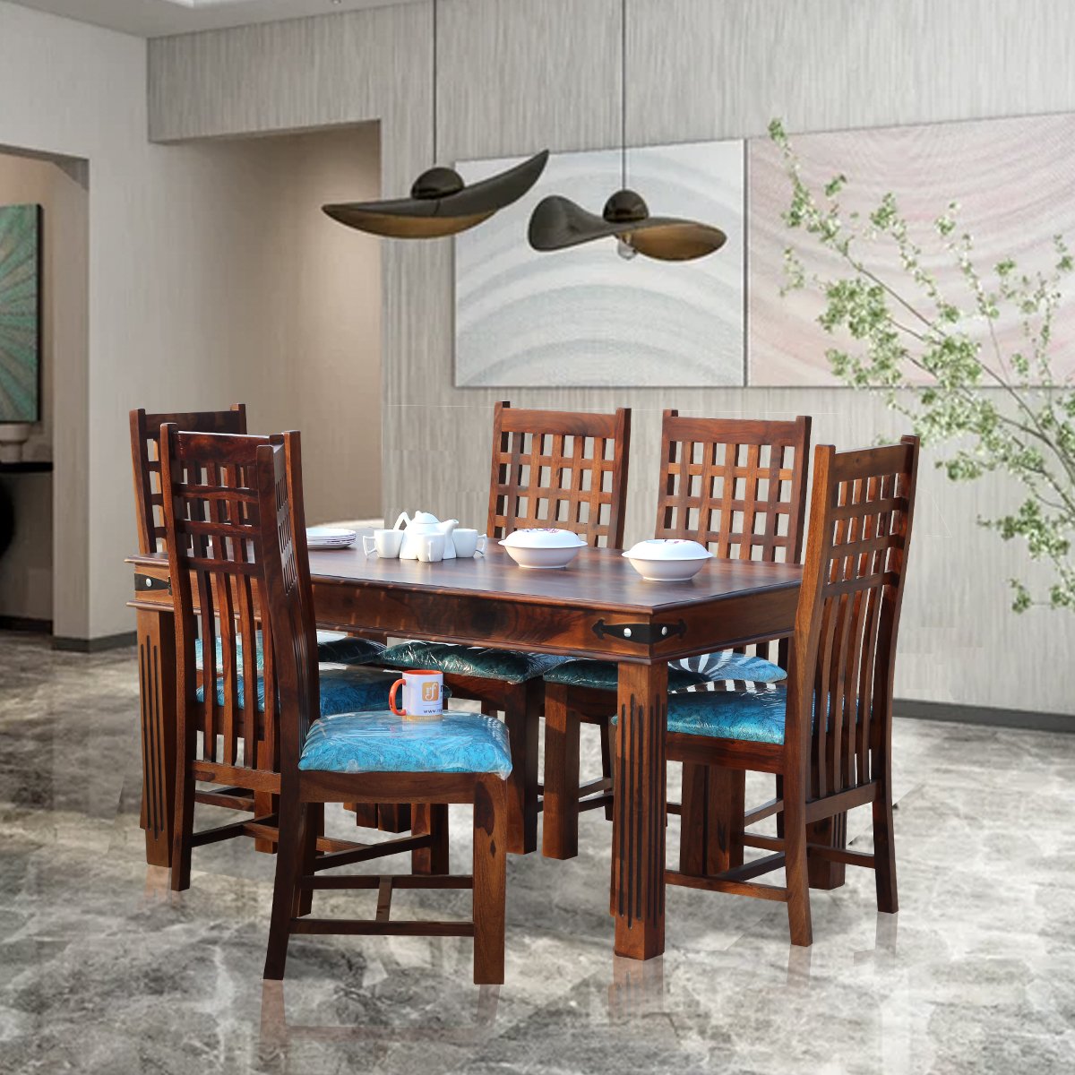 Royal Finish Trileno Vettori 6 Seater Dining Set in Natural Premium Furniture